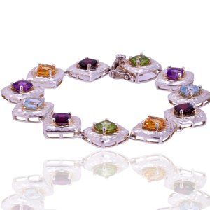 Multi Faceted Gemstone Hammered Texture Sterling Silver 925 Link Bracelet, 7"
